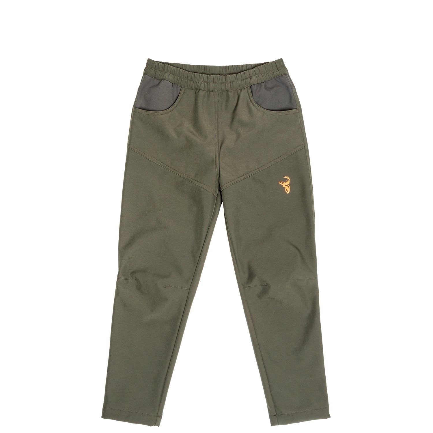 A pair of kids' camouflage hunting pants made from recycled plastic bottles, featuring a mid-waist rise and elasticated waistband.