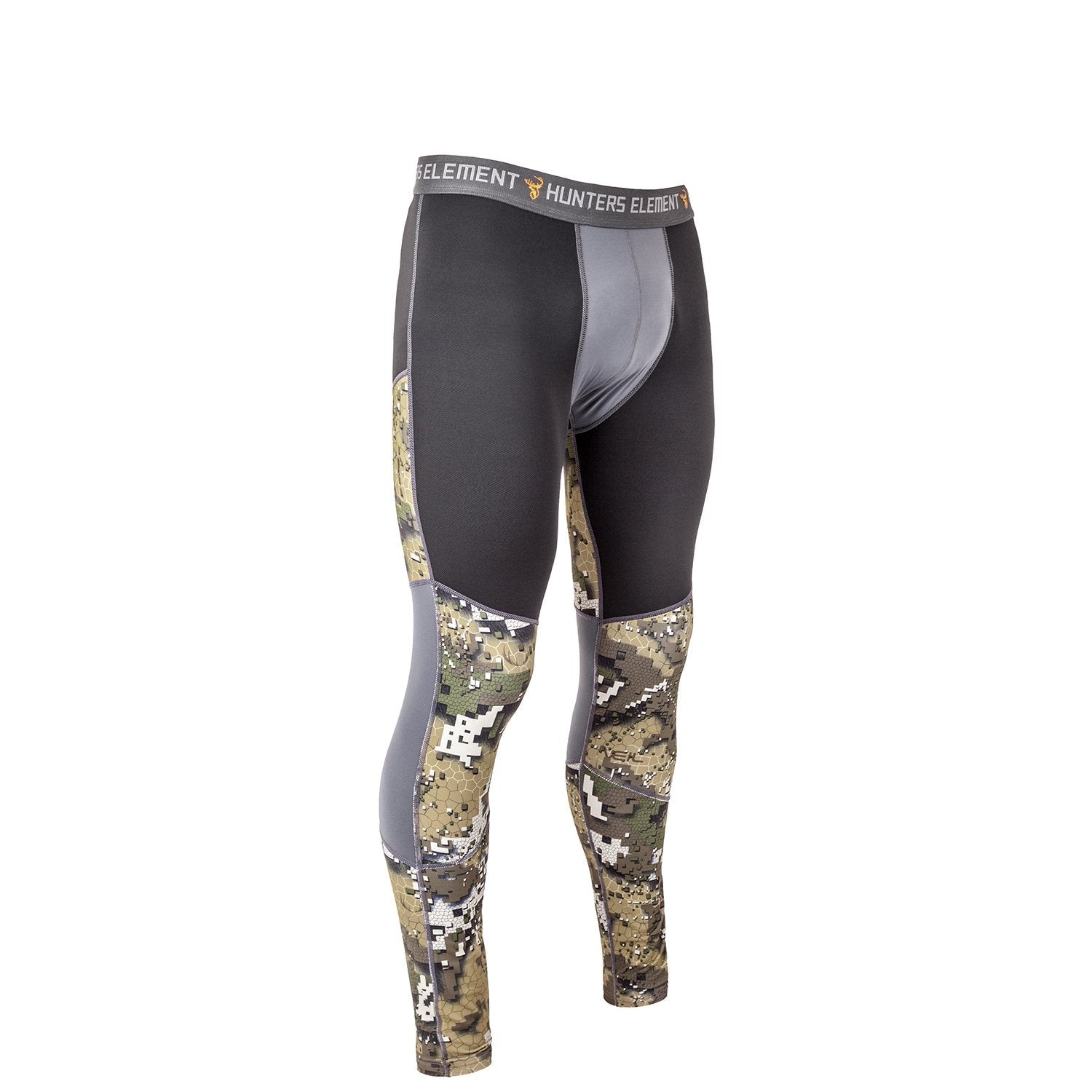 A pair of camouflage patterned CORE base layer leggings with a visible brand logo at the waistband.