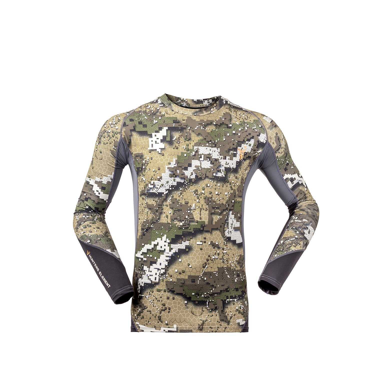 A camouflage patterned long-sleeve base layer top with compression weave and a high collar.