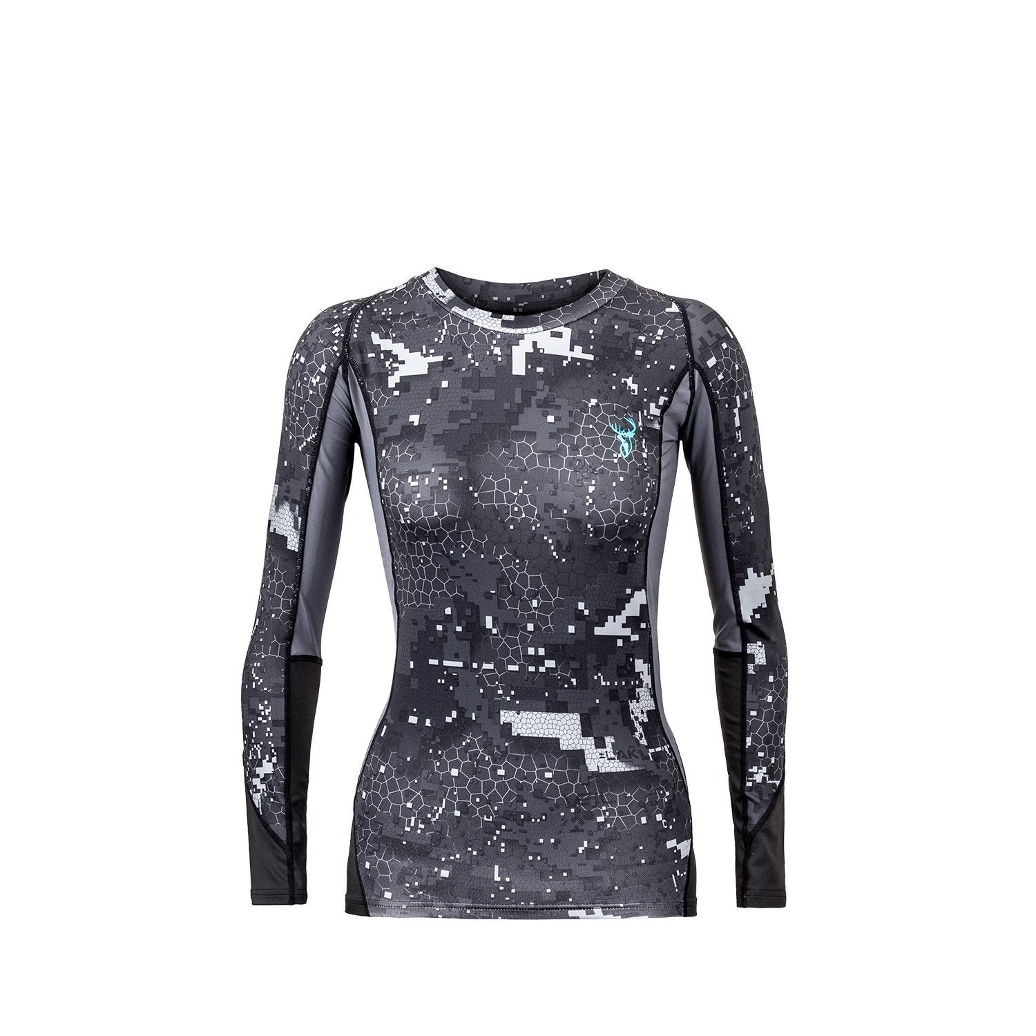 A woman's long-sleeved base layer shirt with camouflage pattern, featuring a high neck and athletic cut.