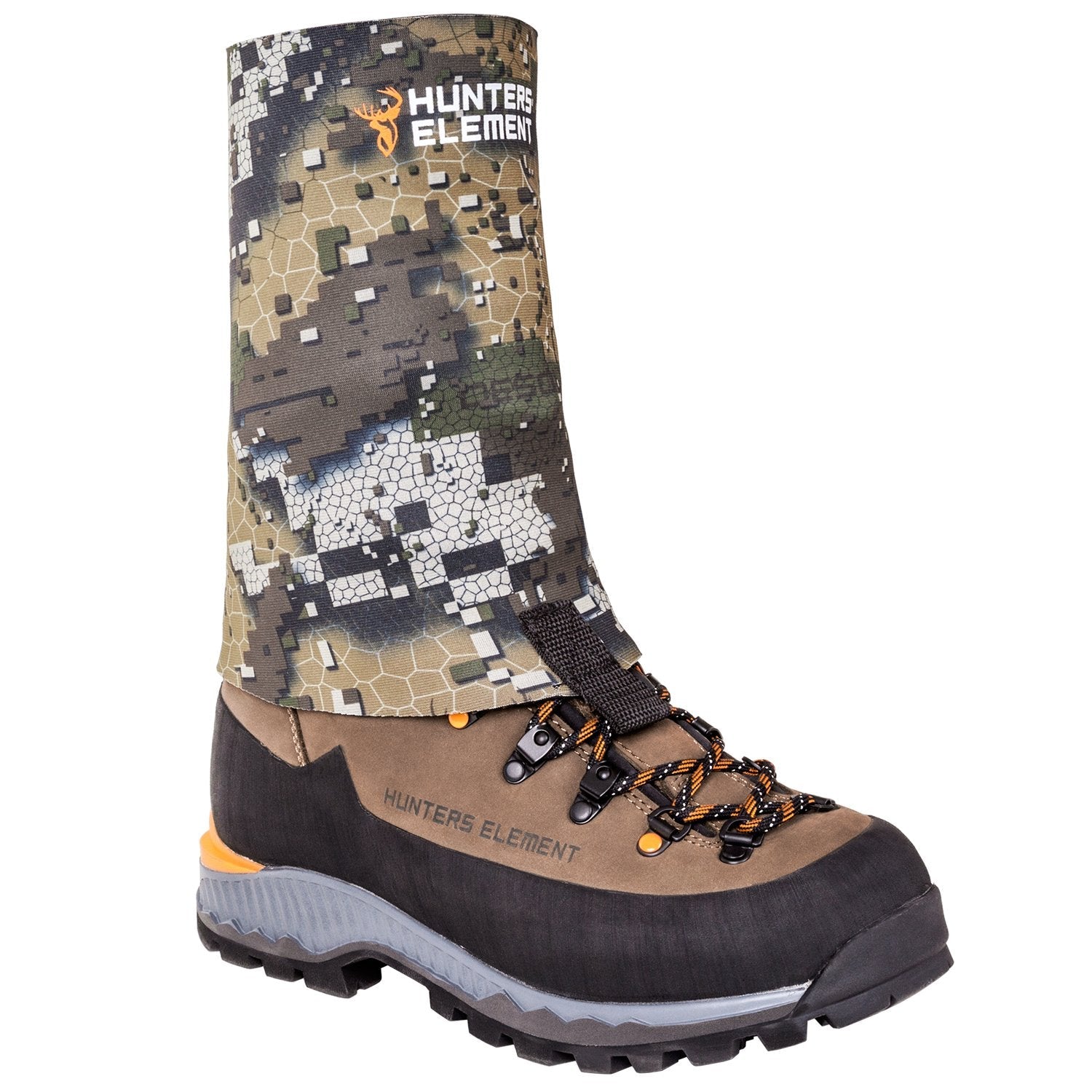 A camouflage gravel guard attached to a boot, with the brand 'Hunter's Element' visible on the guard.