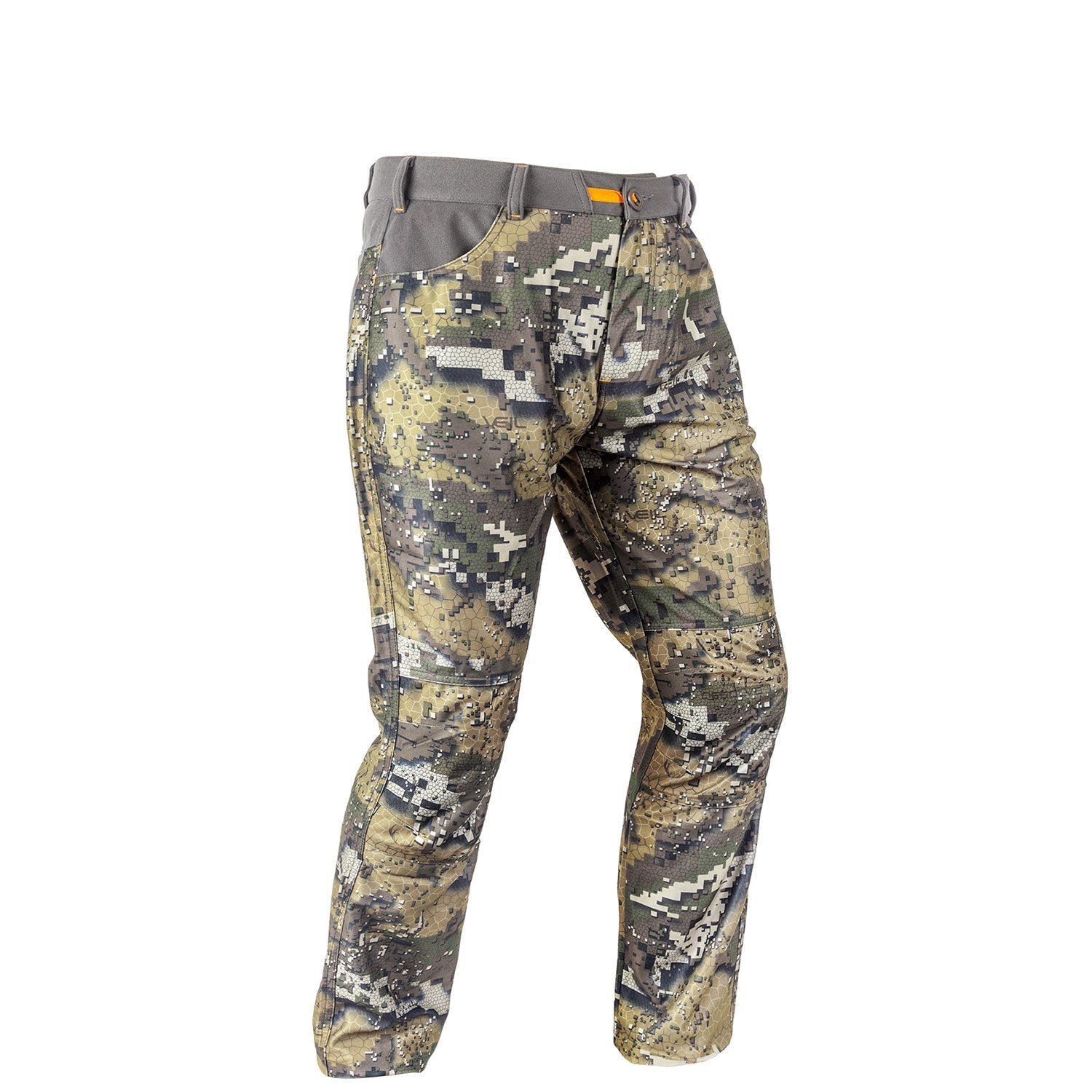 A pair of camouflage hunting pants with reinforced knees, multiple pockets, and a wide belt loop.