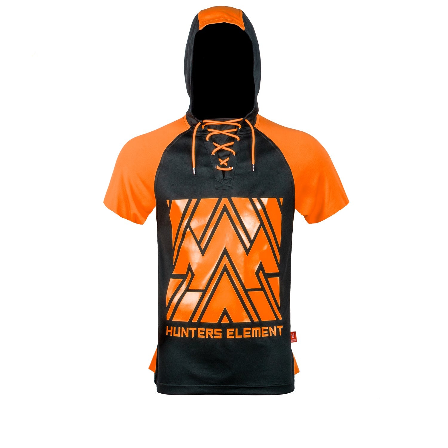 An orange and black Tradie Short Sleeve Summer Hoodie with a hood, made from 100% recycled polyethylene terephthalate (Plastic Bottles)