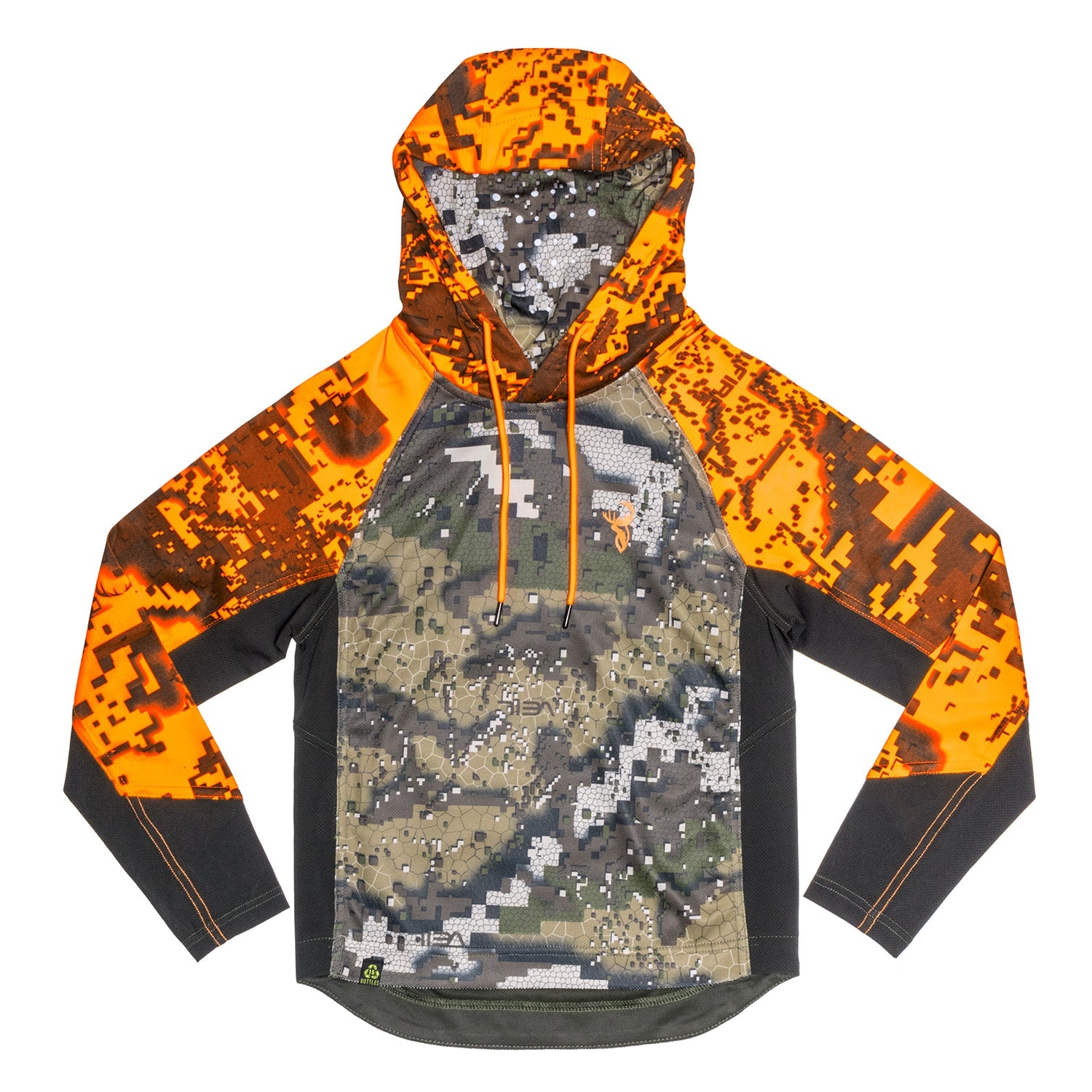 A kid's hoodie with camouflage pattern, long sleeves, and an integrated face veil. The hoodie is made from recycled plastic bottles, as indicated by the graphic in the corner.