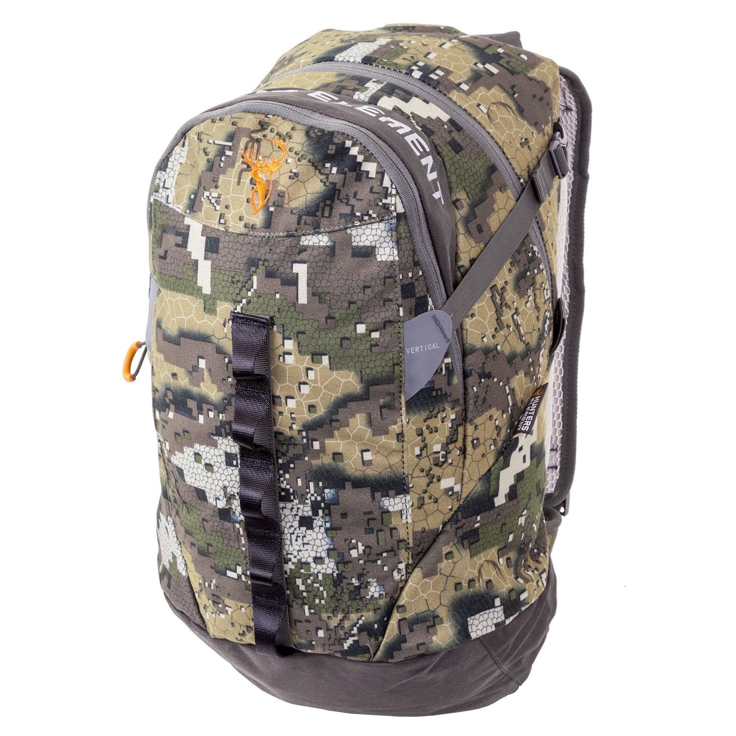 A camouflage vertical backpack with a 15L capacity label, featuring a geometric pattern and a brand logo on the top.