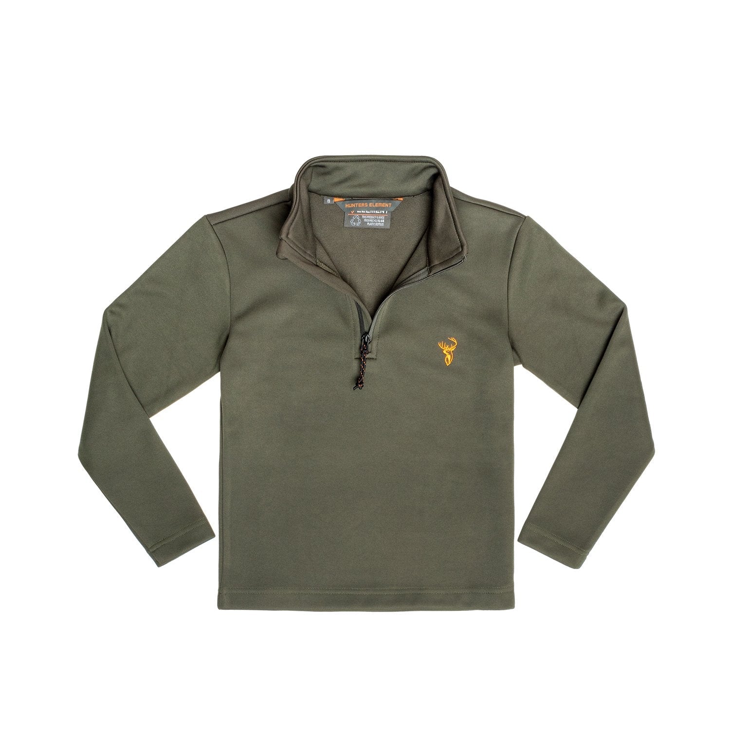 A child's camouflage hunting shirt with a high collar, half zipper, and branding on the chest.