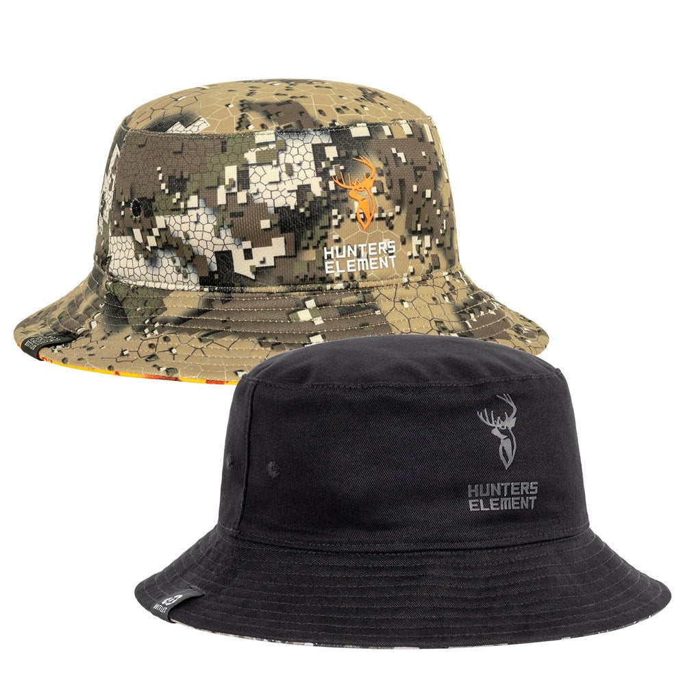 A reversible bucket hat, one side Desolve camouflage and one black, with 'Hunters Element' branding.