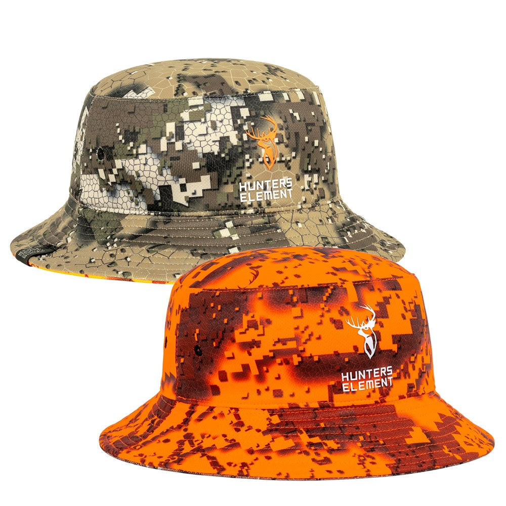 A reversible bucket hat, one side Desolve camouflage and one Desolve Fire, with 'Hunters Element' branding.