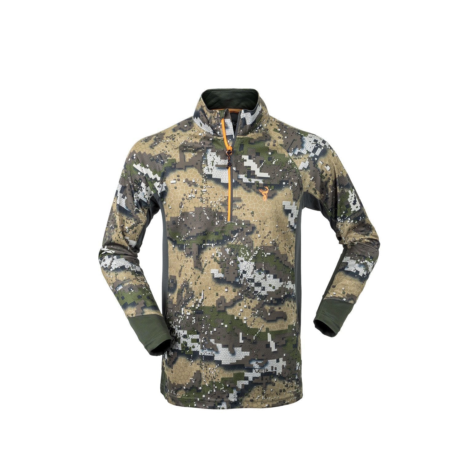 Camouflage jacket with a quarter zip on a white background