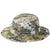 A camouflage Boonie hat with a logo on the front, designed for providing full face shade.