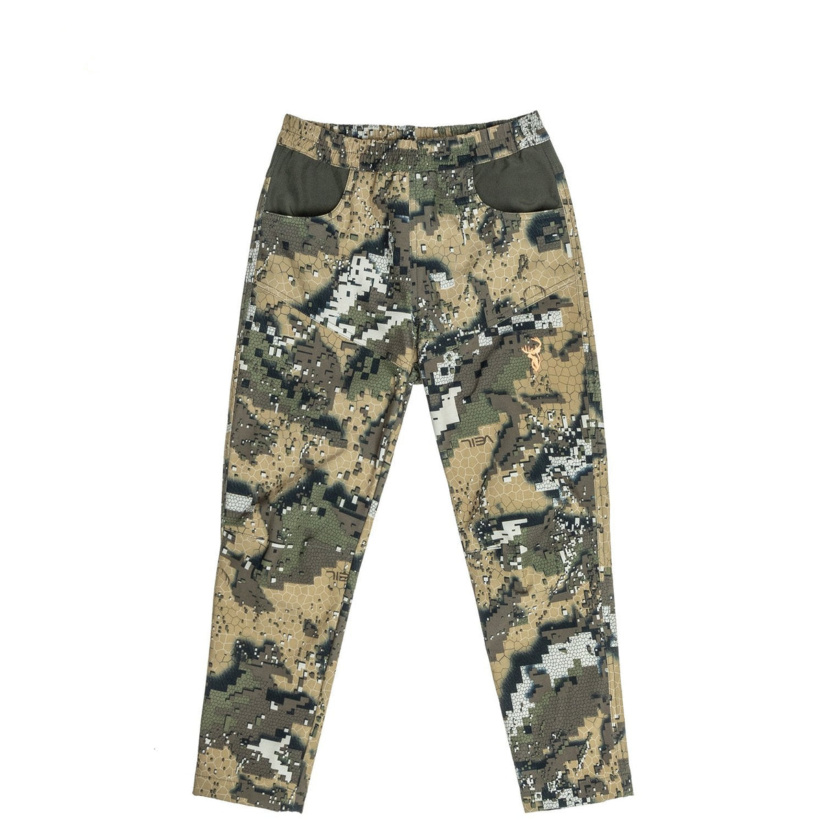 A pair of kids&#39; camouflage hunting pants made from recycled plastic bottles, featuring a mid-waist rise and elasticated waistband.