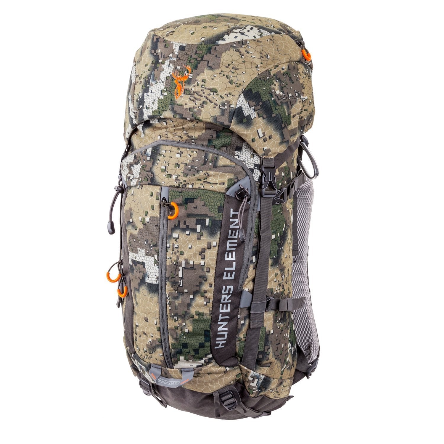 A 35L camouflage day pack with a visible brand logo, equipped with straps and designed for hunting.