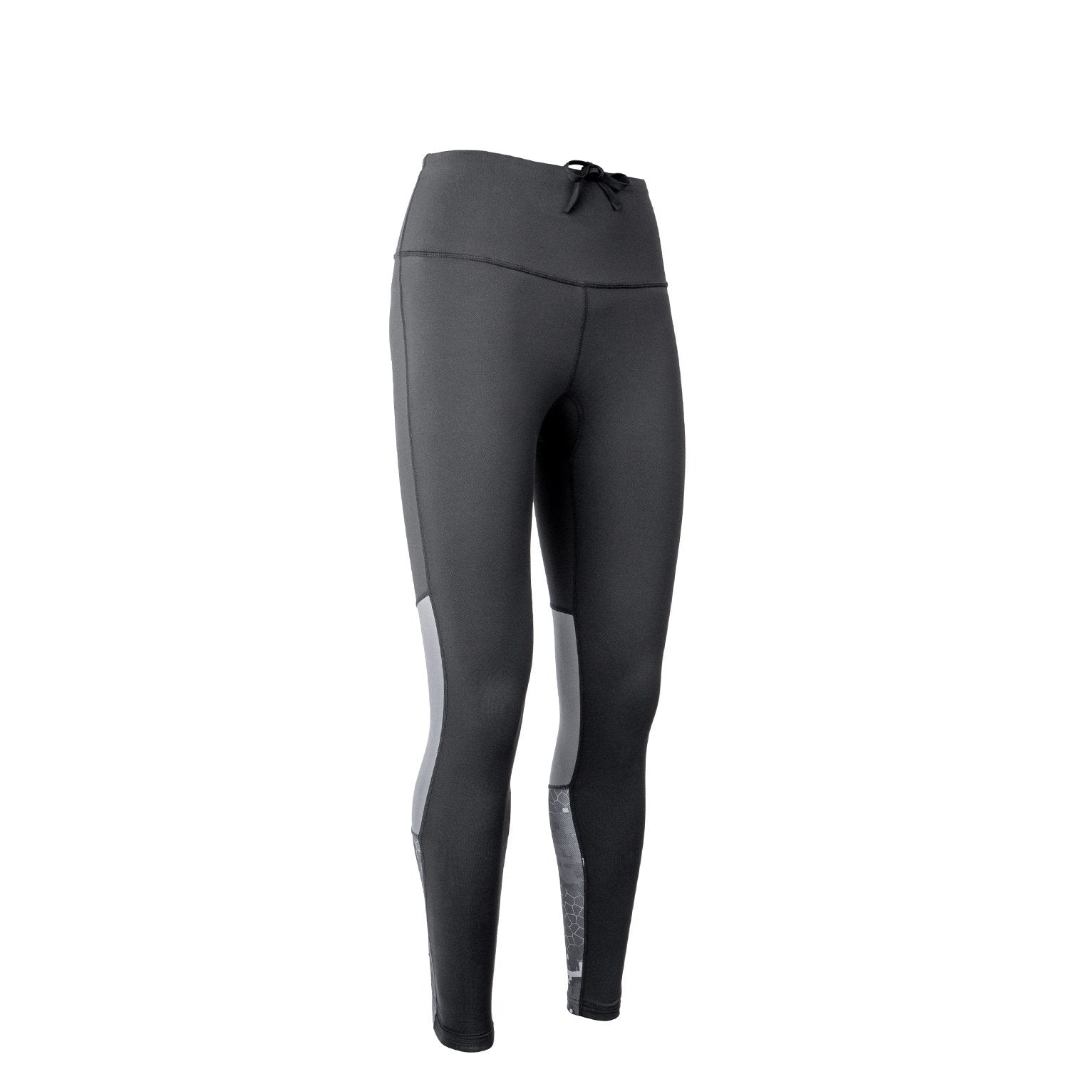 A pair of high-waisted women's leggings with a camouflage pattern and a logo on the upper left thigh. The leggings appear to be designed for outdoor activities in cooler temperatures.