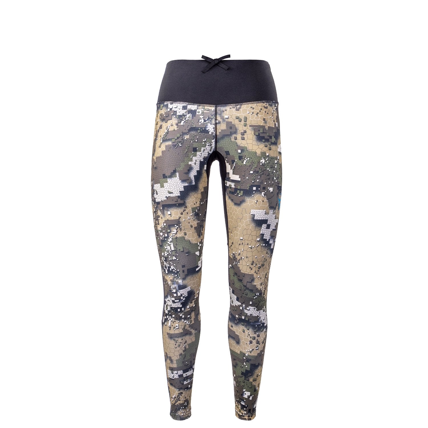 A pair of high-waisted women's leggings with a camouflage pattern and a logo on the upper left thigh. The leggings appear to be designed for outdoor activities in cooler temperatures.