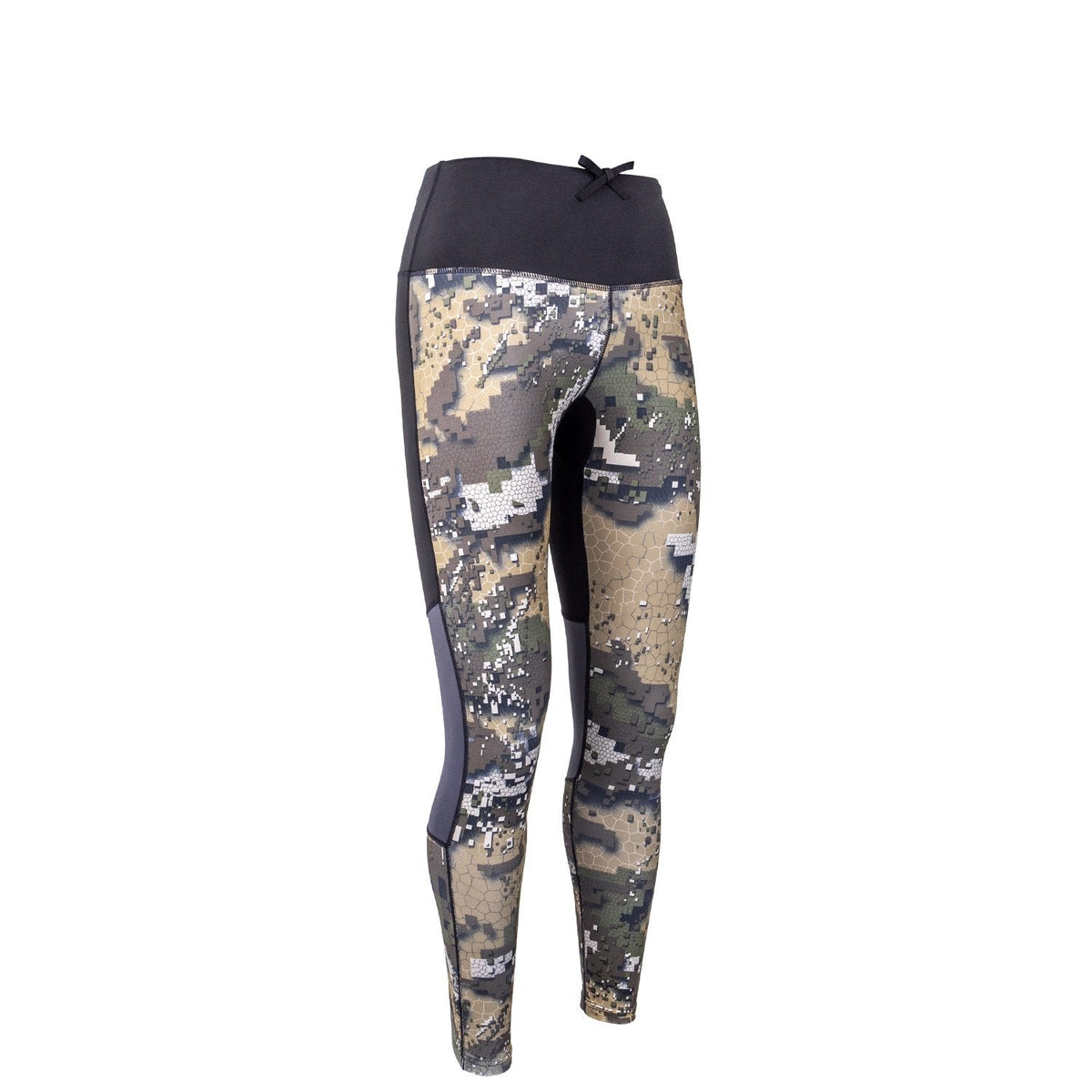 A pair of high-waisted women&#39;s leggings with a camouflage pattern and a logo on the upper left thigh. The leggings appear to be designed for outdoor activities in cooler temperatures.
