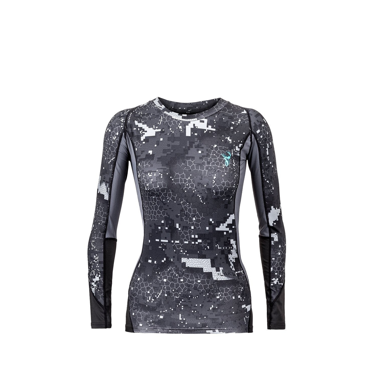A woman's long-sleeved base layer shirt with camouflage pattern, featuring a high neck and athletic cut.