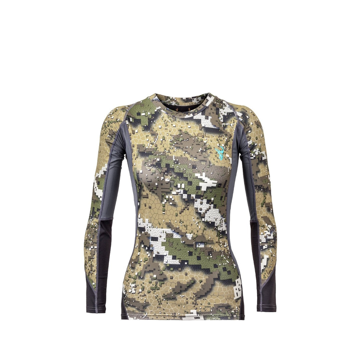 A woman&#39;s long-sleeved base layer shirt with camouflage pattern, featuring a high neck and athletic cut.