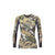 A woman's long-sleeved base layer shirt with camouflage pattern, featuring a high neck and athletic cut.