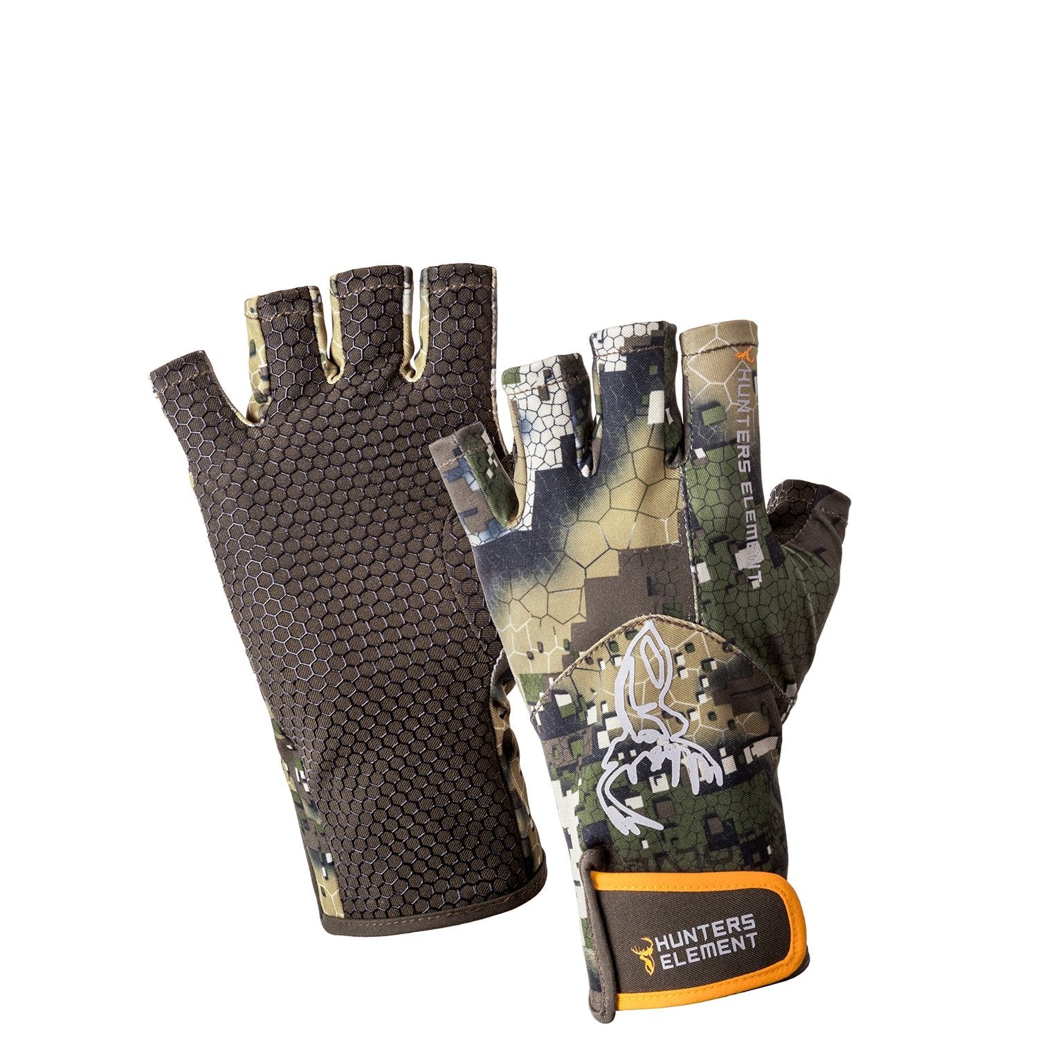 A pair of camouflage fingerless crux gloves with silicone grip print and branding on the back of the hand.