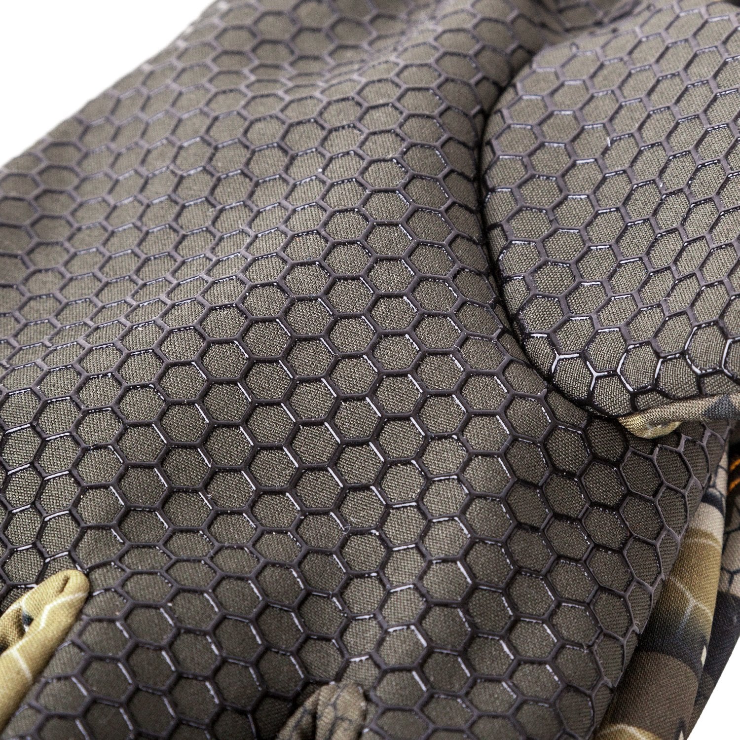 A pair of camouflage hunting gloves with silicone grip-print and a logo on the wrist area.