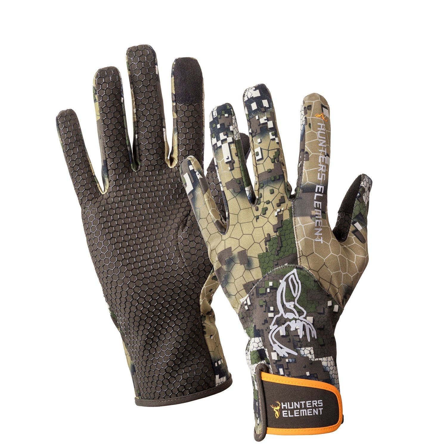A pair of camouflage hunting gloves with silicone grip-print and a logo on the wrist area.
