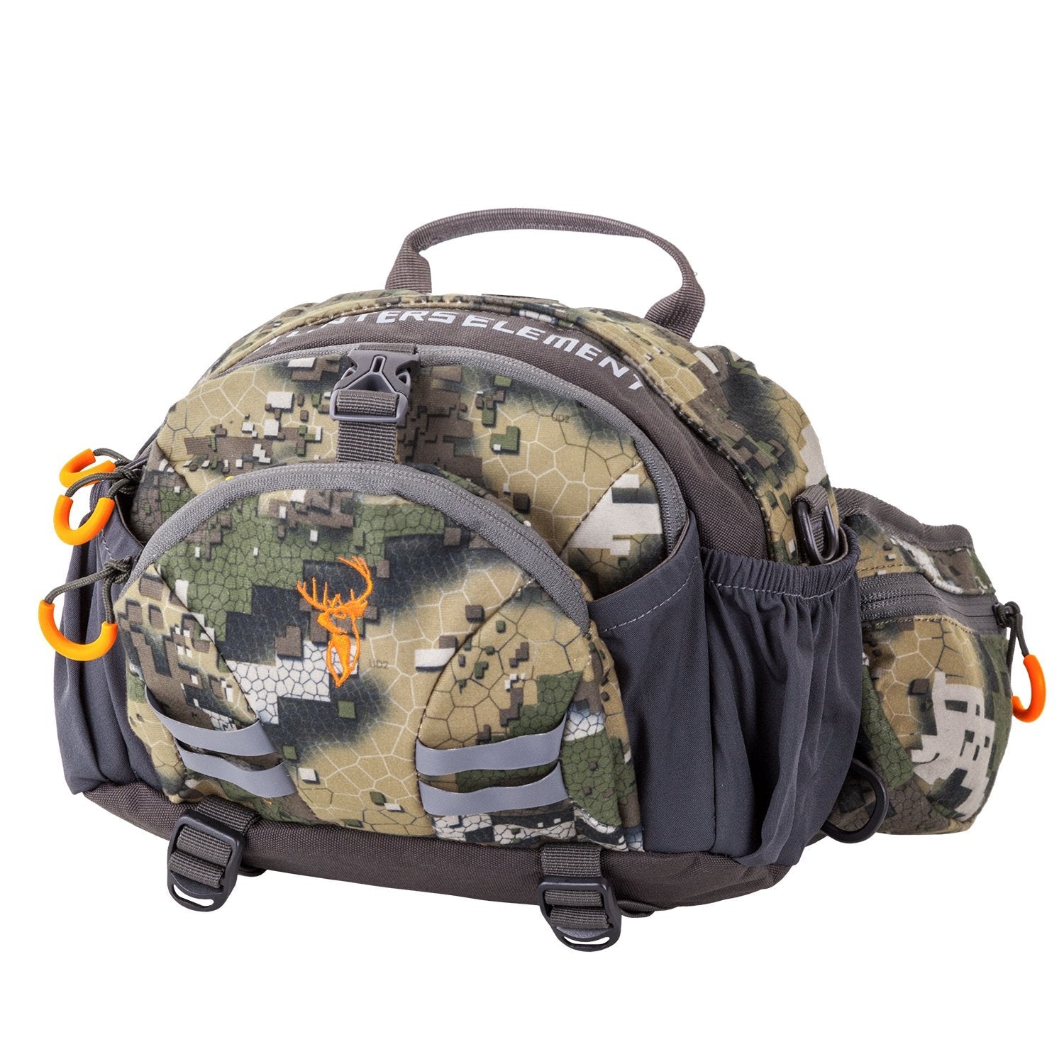A camouflage Divide Belt Bag with shoulder straps and multiple pockets, featuring the Hunters Element brand logo.