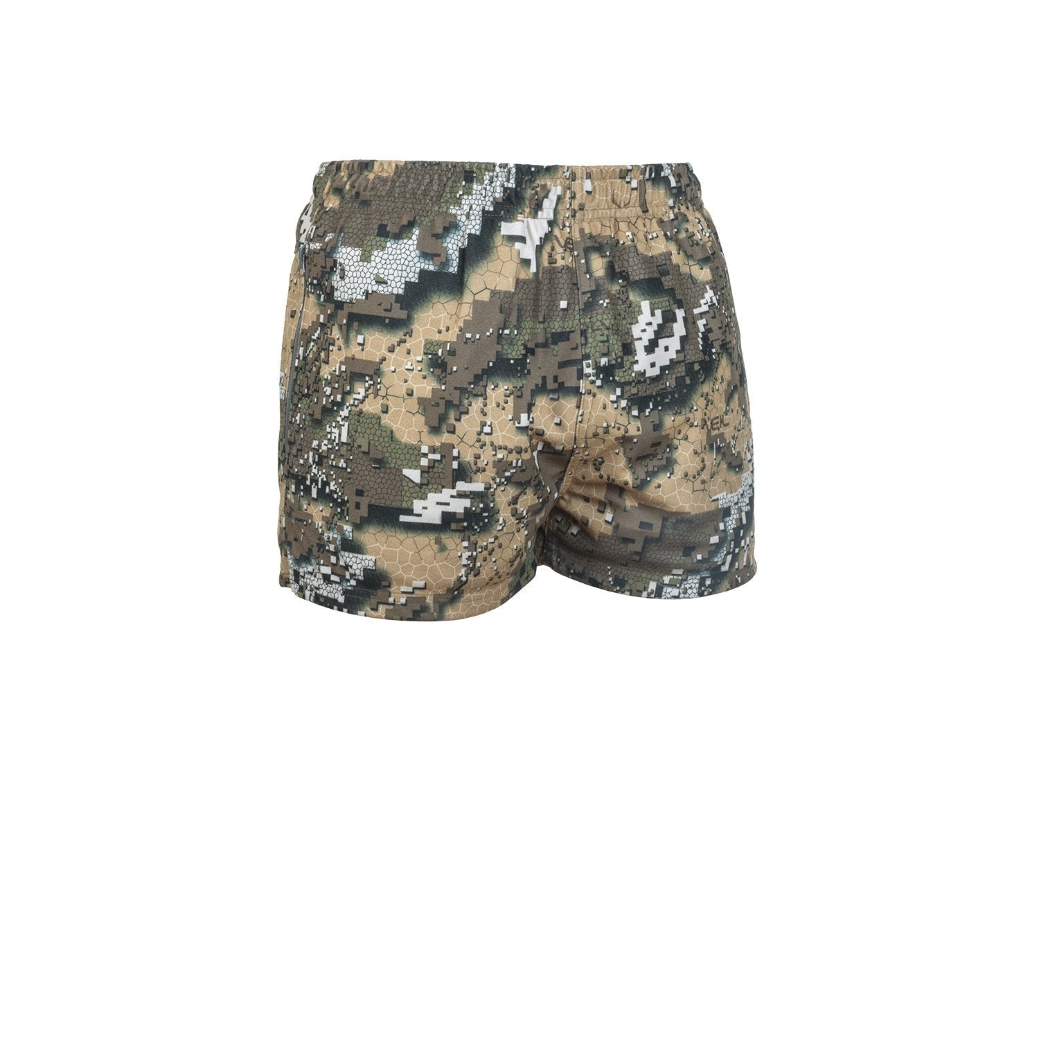 A pair of camouflage-patterned elastic waist stubbies with big zippered pockets, displayed on a white background with the brand name 'DESOLVE VEIL' visible.
