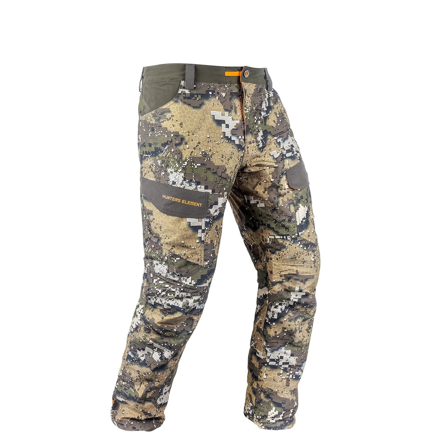 A pair of camouflage Downpour Elite Trousers with visible brand tag and logo, highlighting its 38 recycled plastic bottles material.