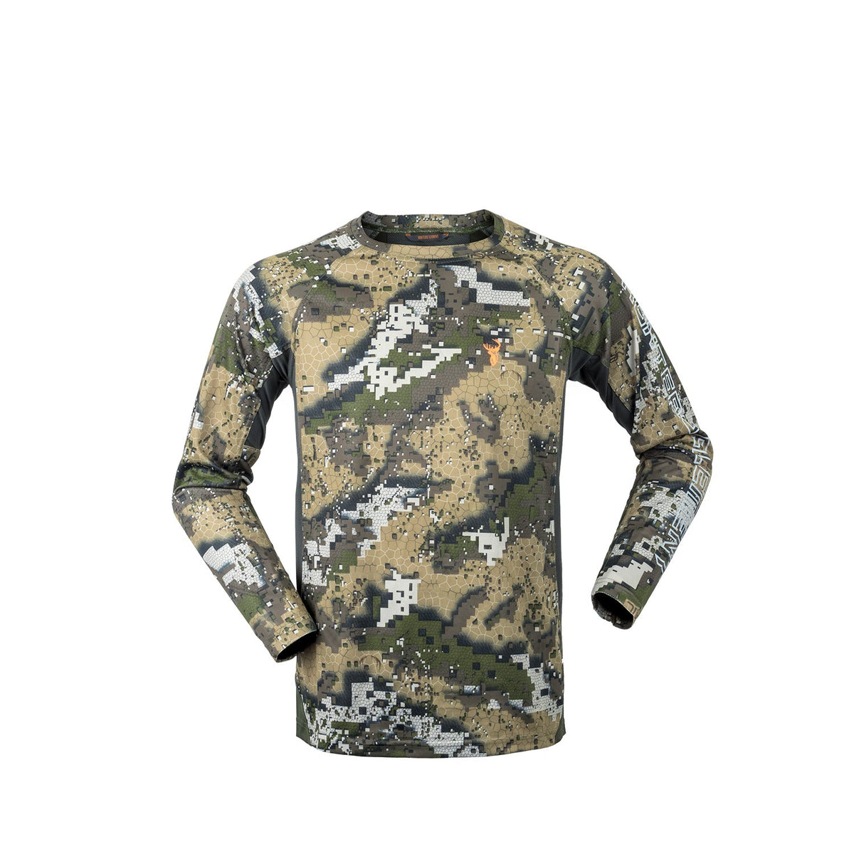 A camouflage crew-neck long-sleeved shirt with a visible brand logo on the upper left side.