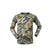 A camouflage crew-neck long-sleeved shirt with a visible brand logo on the upper left side.