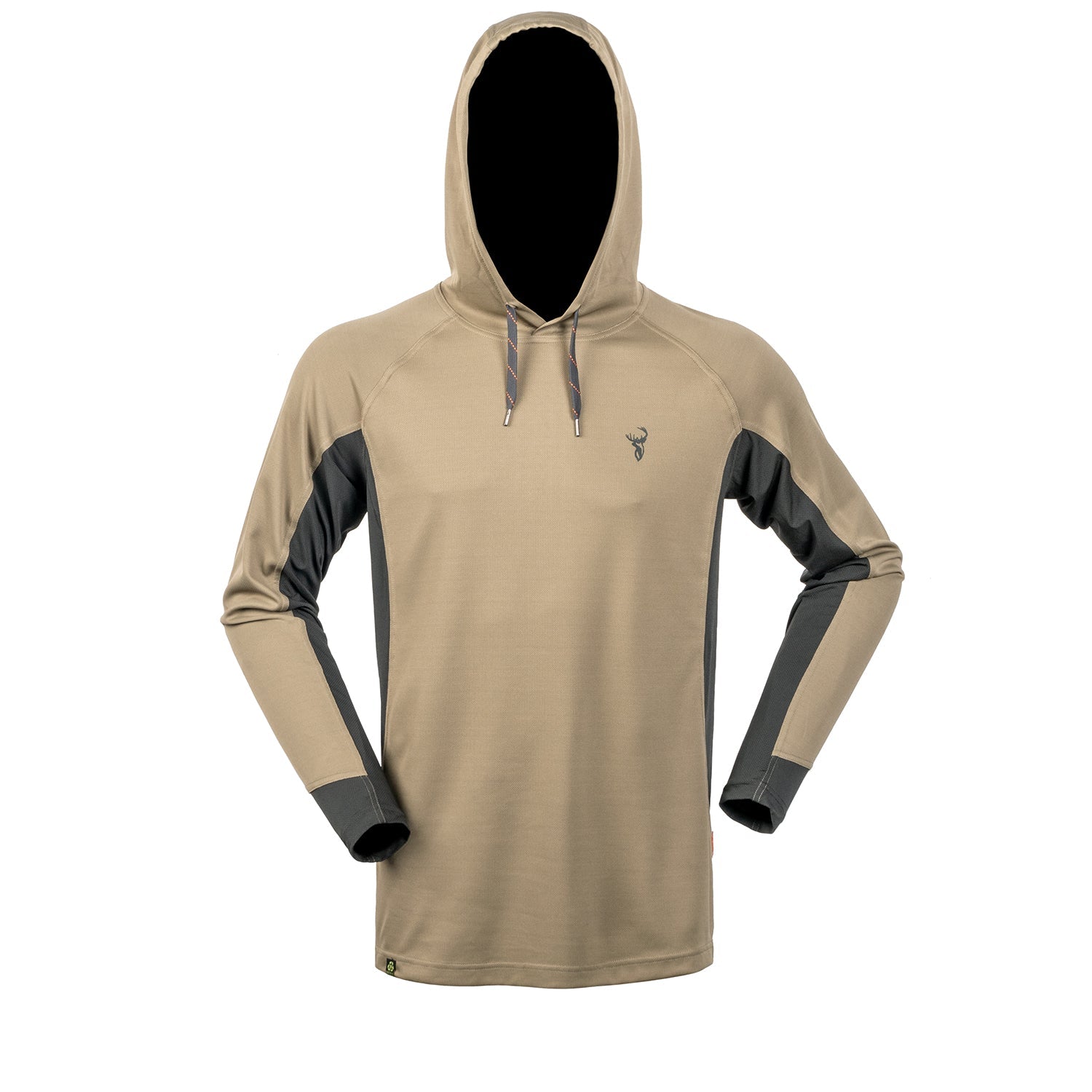 A beige colored hooded sweatshirt with a hood, made from recycled plastic bottles, featuring a body-mapped design with high-wicking, breathable mesh fabric in high movement areas.