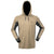 A beige colored hooded sweatshirt with a hood, made from recycled plastic bottles, featuring a body-mapped design with high-wicking, breathable mesh fabric in high movement areas.