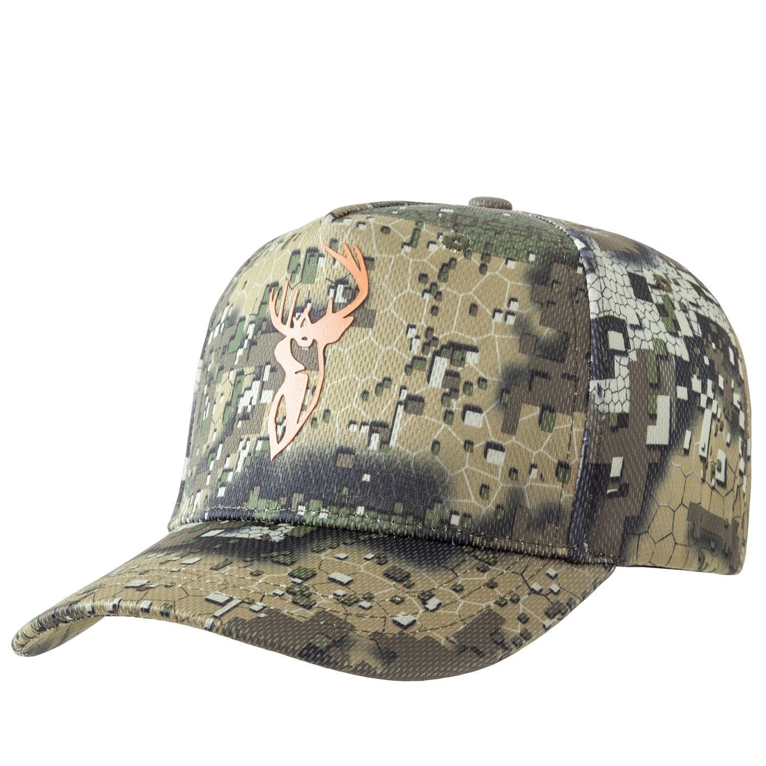 A camouflage baseball cap with a animal (stag) pattern on it, primarily green and brown with a logo on the front.