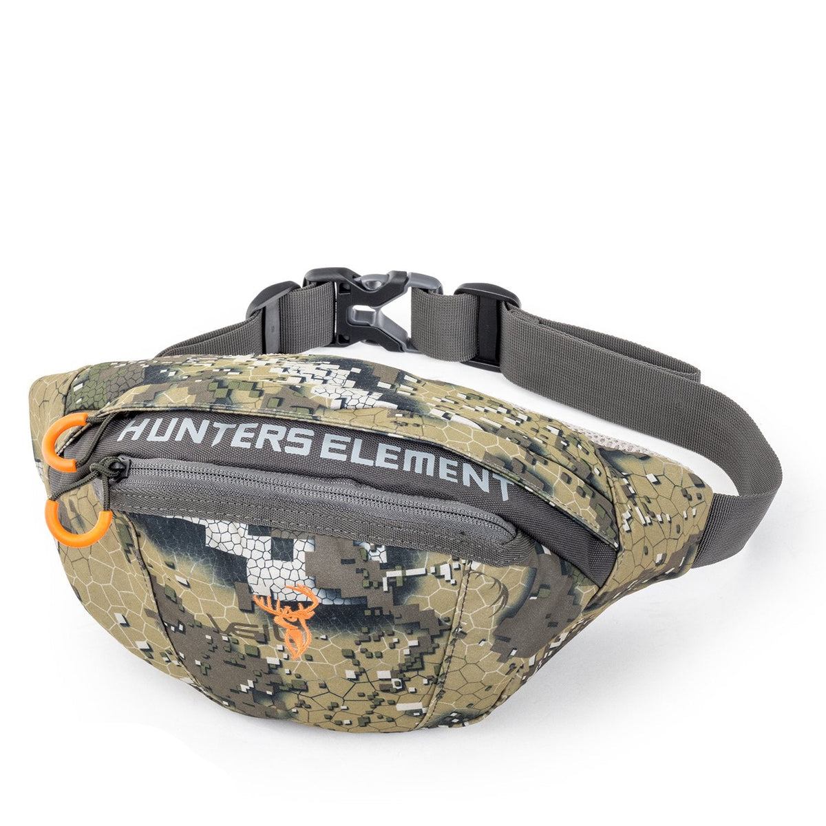 A camouflage belt bag with &#39;Hunters Element&#39; branding, featuring twin pockets and bullet loops.