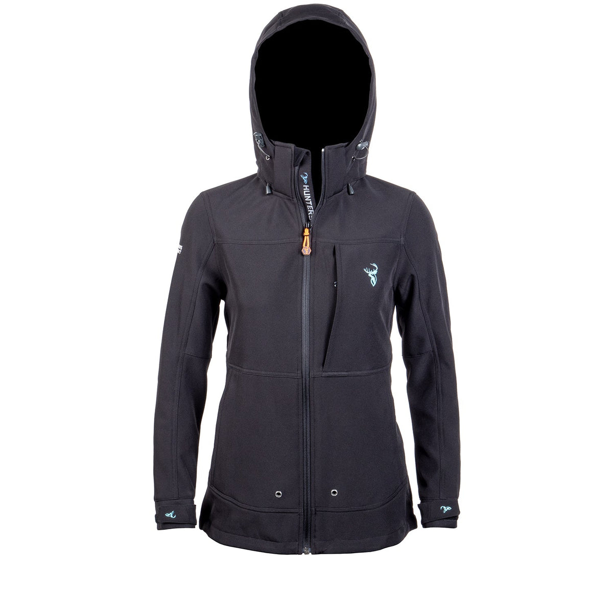 A black women&#39;s jacket with a hood, featuring a full-length front zip, chest pocket, adjustable cuffs, and zippered handwarmer pockets. The jacket is made from recycled plastic bottles, as indicated by the graphic in the corner.