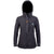 A black women's jacket with a hood, featuring a full-length front zip, chest pocket, adjustable cuffs, and zippered handwarmer pockets. The jacket is made from recycled plastic bottles, as indicated by the graphic in the corner.