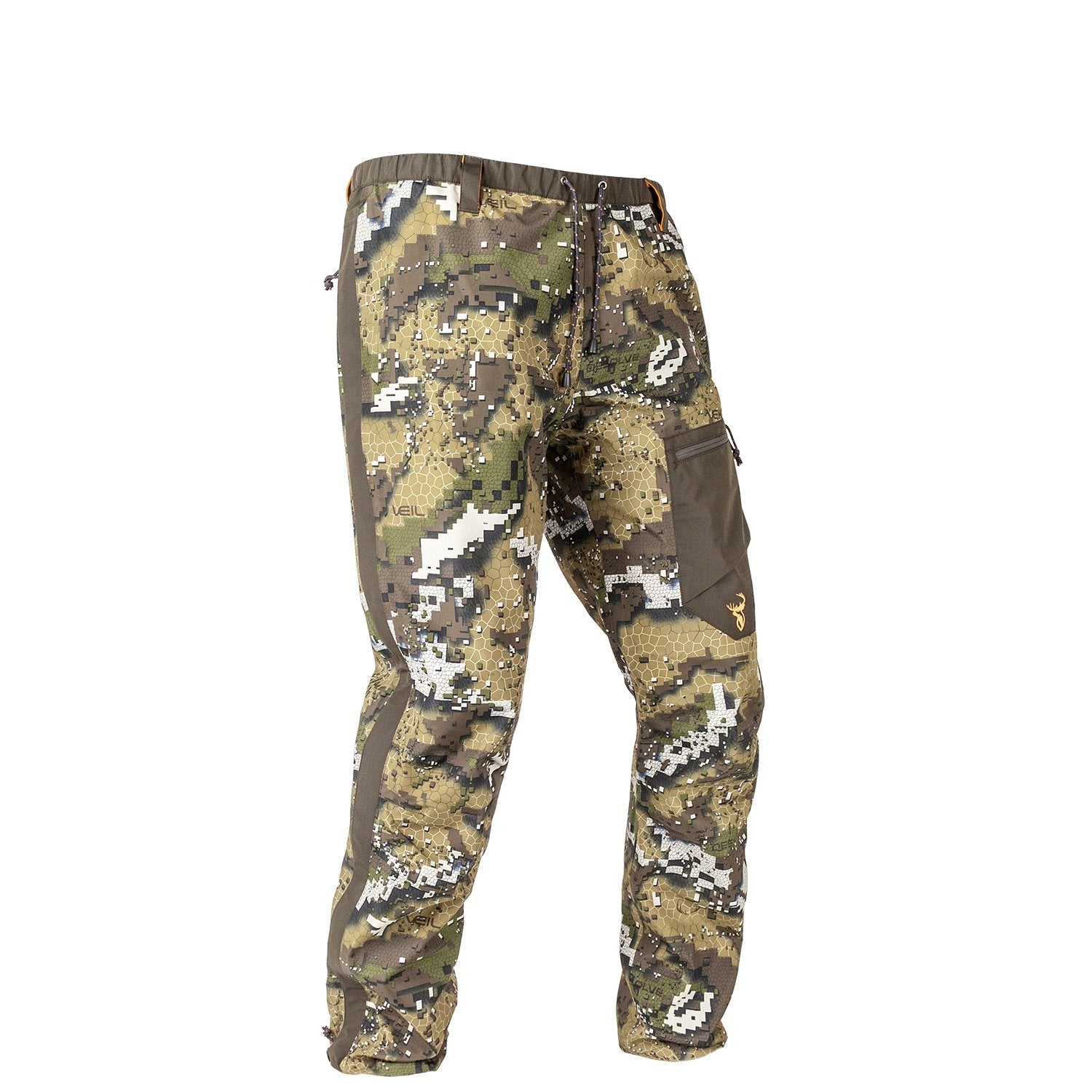 A pair of camouflage patterned Obsidian trousers with full-length side zippers and a thigh pocket.