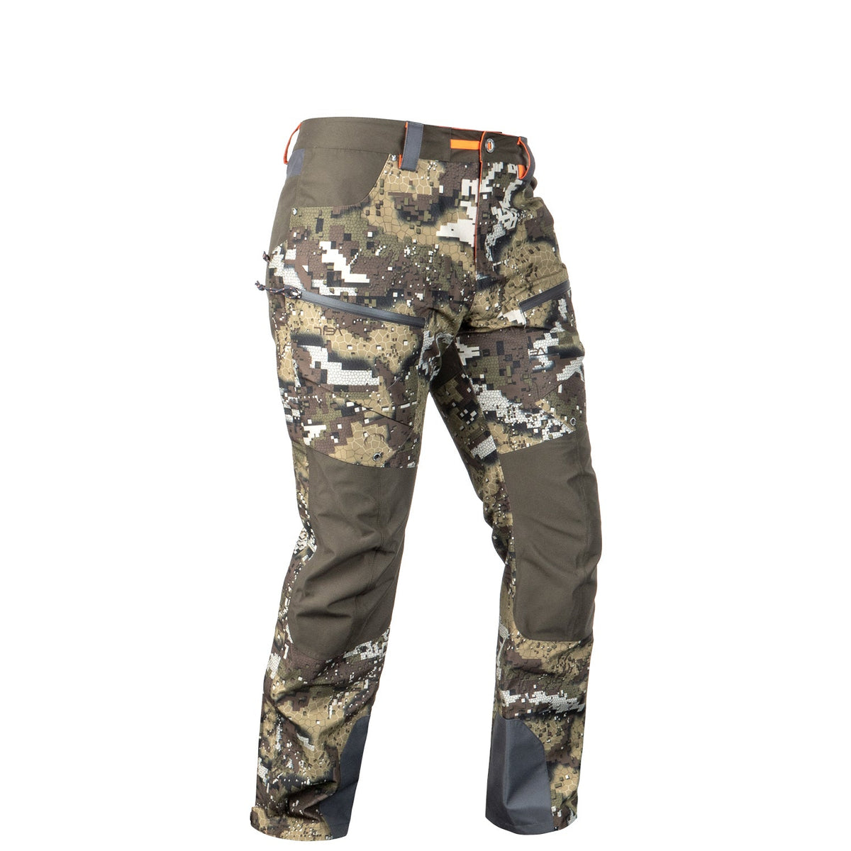 A pair of camouflage hunting pants with visible brand tag, designed for tough weather.