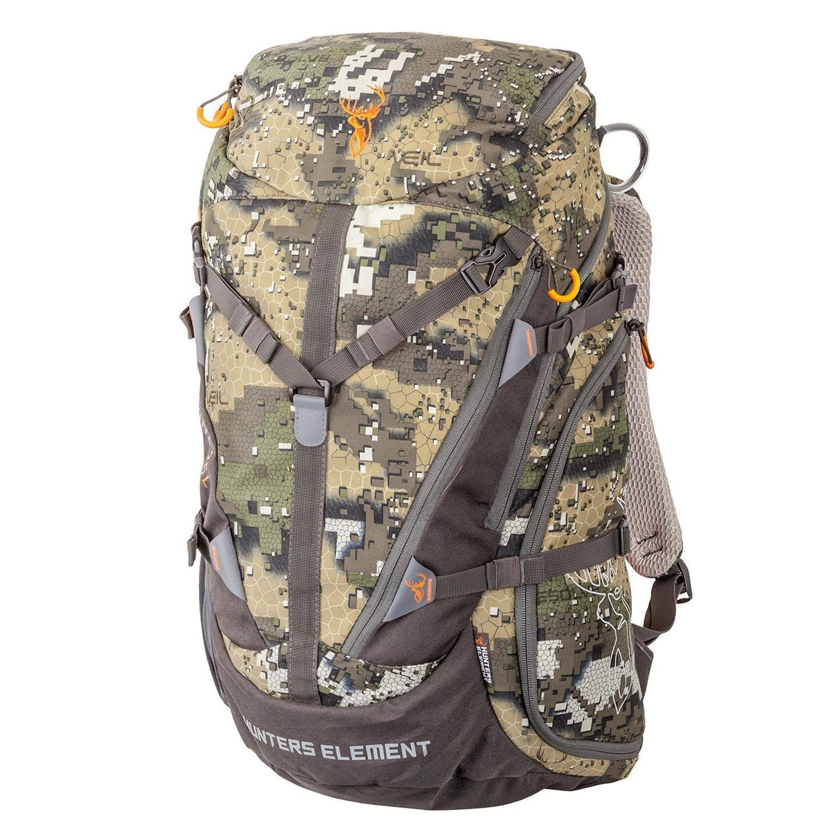 A camouflage backpack with a 25L capacity, featuring multiple straps and external pockets, designed for outdoor activities.