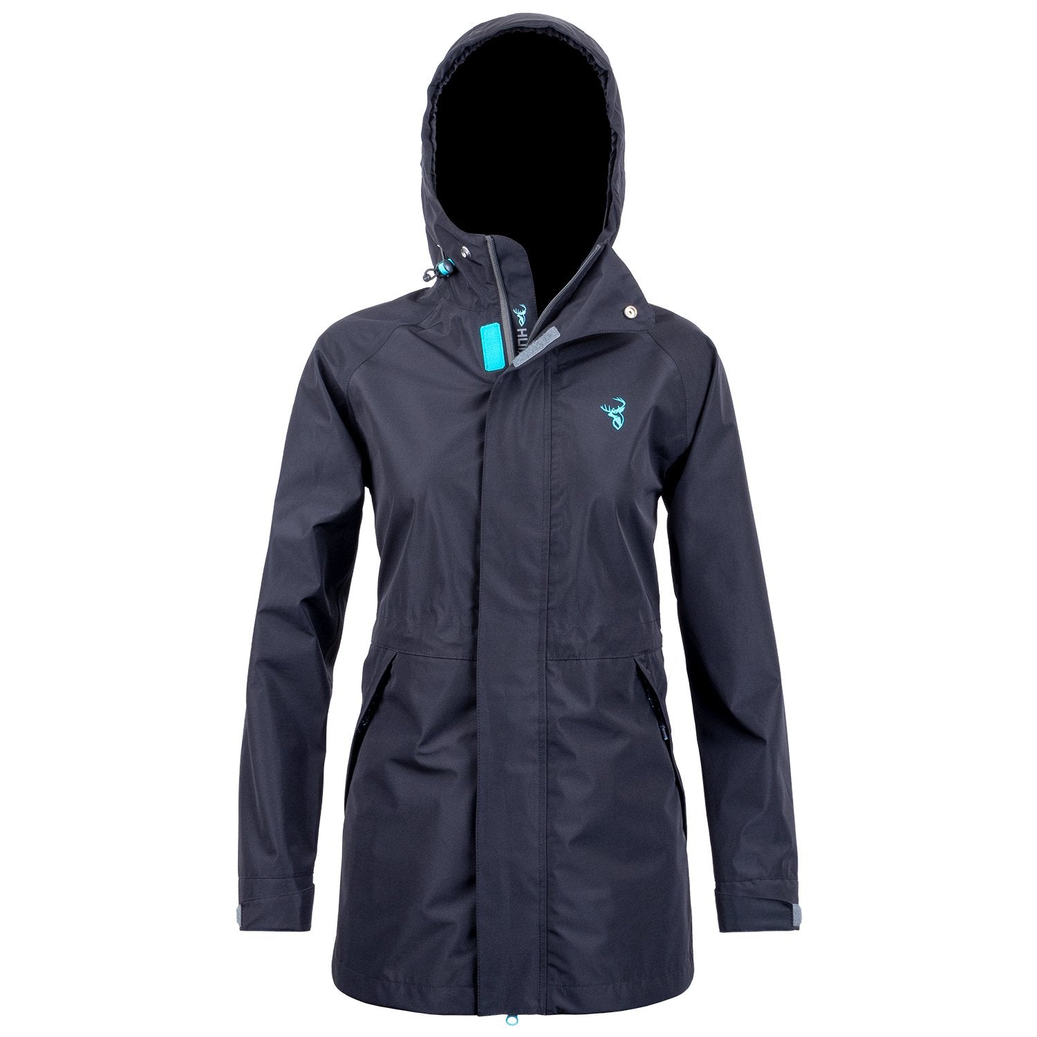 A camouflage women's storm jacket with a hood, featuring a full-length zip and multiple pockets.