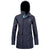 A camouflage women's storm jacket with a hood, featuring a full-length zip and multiple pockets.