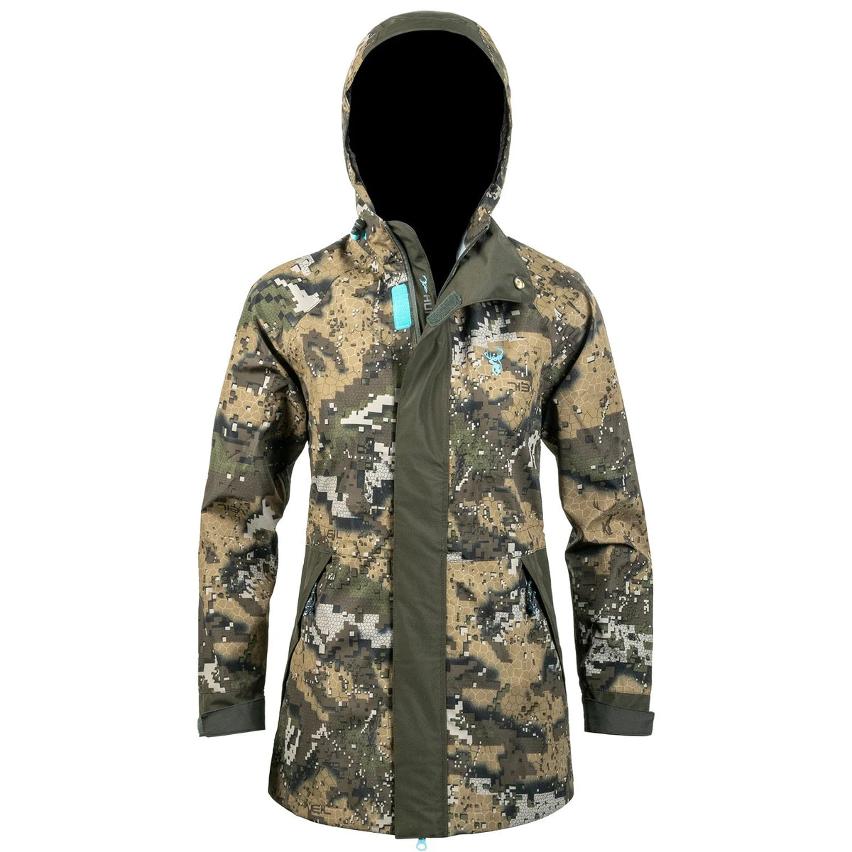 A camouflage women&#39;s storm jacket with a hood, featuring a full-length zip and multiple pockets.