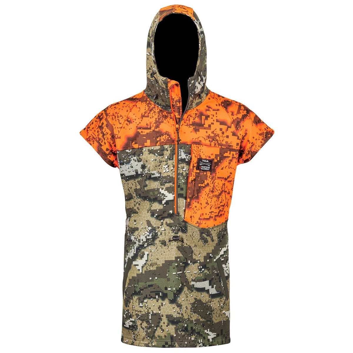 A camouflage bushcoat with orange and black colors, featuring a hood and made from recycled plastic bottles.