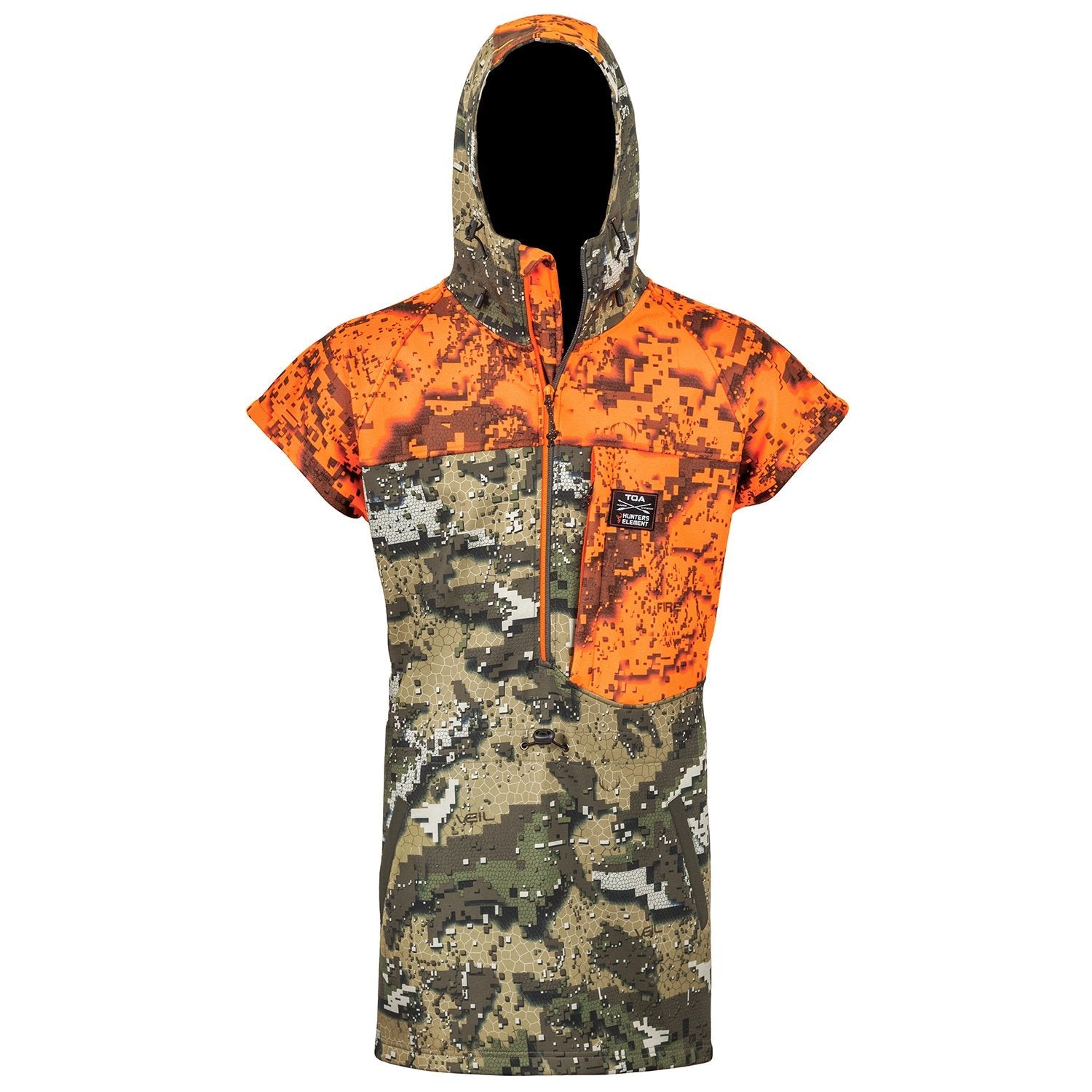 A camouflage bushcoat with orange and black colors, featuring a hood and made from recycled plastic bottles.