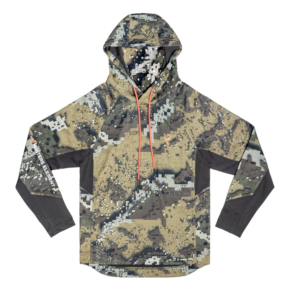 A kid&#39;s hoodie with camouflage pattern, long sleeves, and an integrated face veil. The hoodie is made from recycled plastic bottles, as indicated by the graphic in the corner.