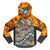 A kid's hoodie with camouflage pattern, long sleeves, and an integrated face veil. The hoodie is made from recycled plastic bottles, as indicated by the graphic in the corner.