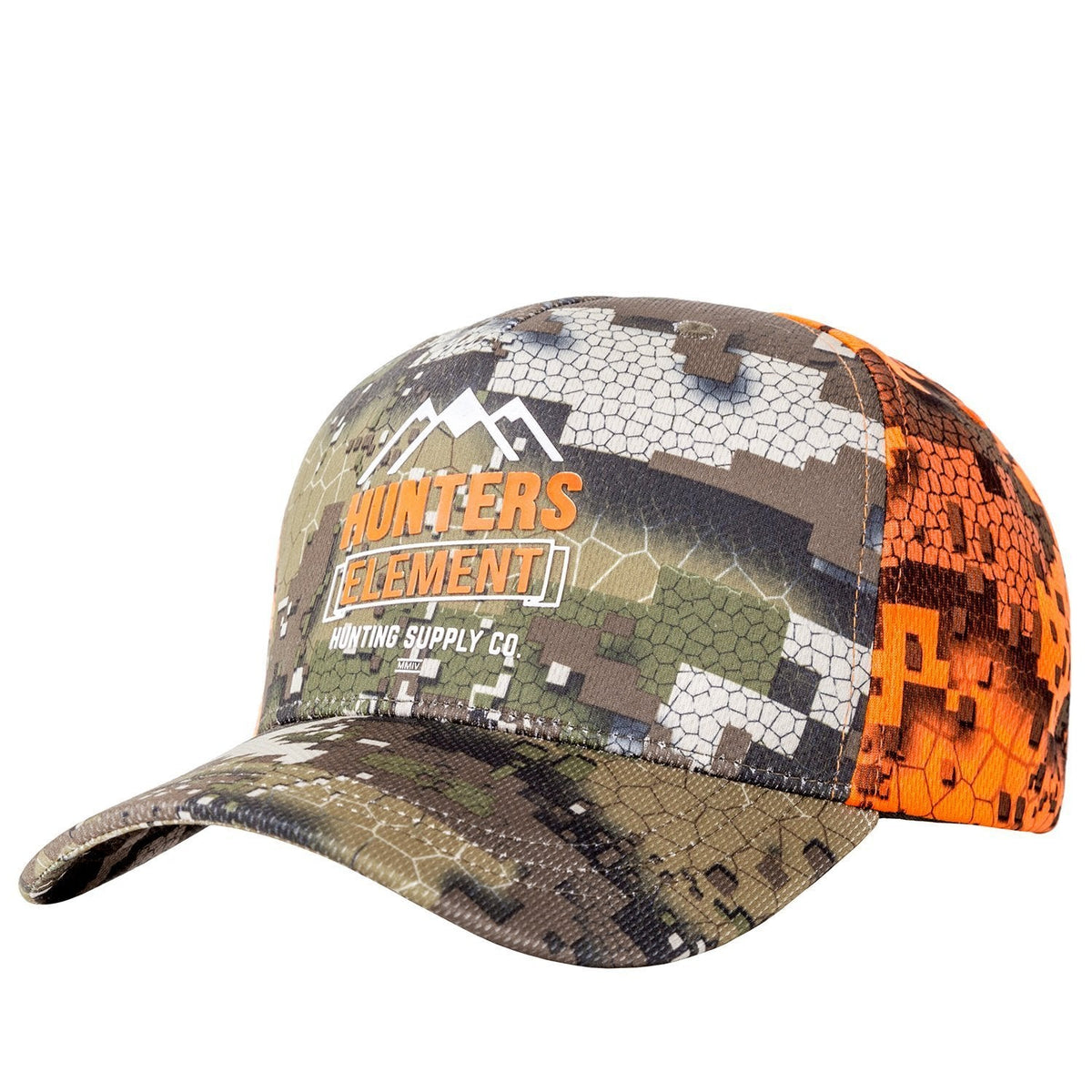 A camouflage and orange five-panel snapback cap with the &#39;Hunter&#39;s Element&#39; logo on the front.