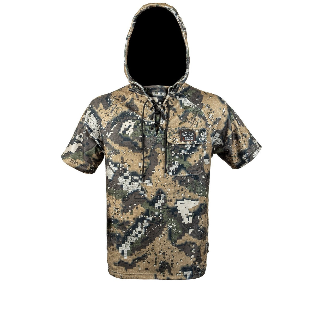 A child&#39;s camouflage hoodie with a hood, featuring a traditional laced neck adjustment and a domed chest pocket.