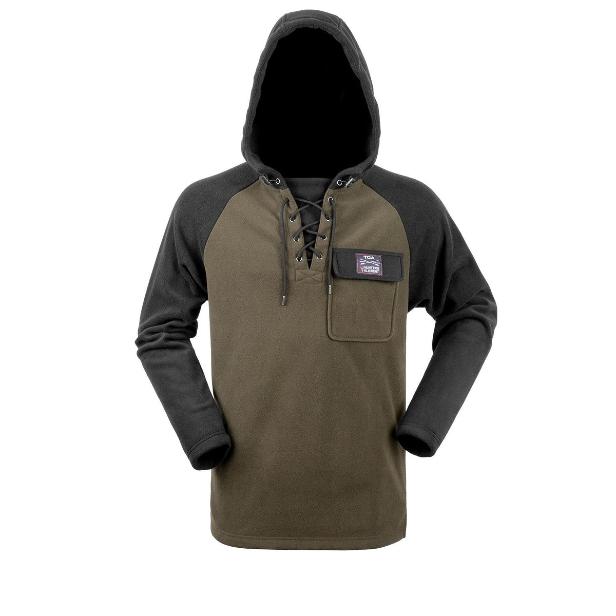 A green TOA Hunter-Gatherer hooded sweatshirt with a hood, featuring a traditional laced neck adjustment and a domed chest pocket.