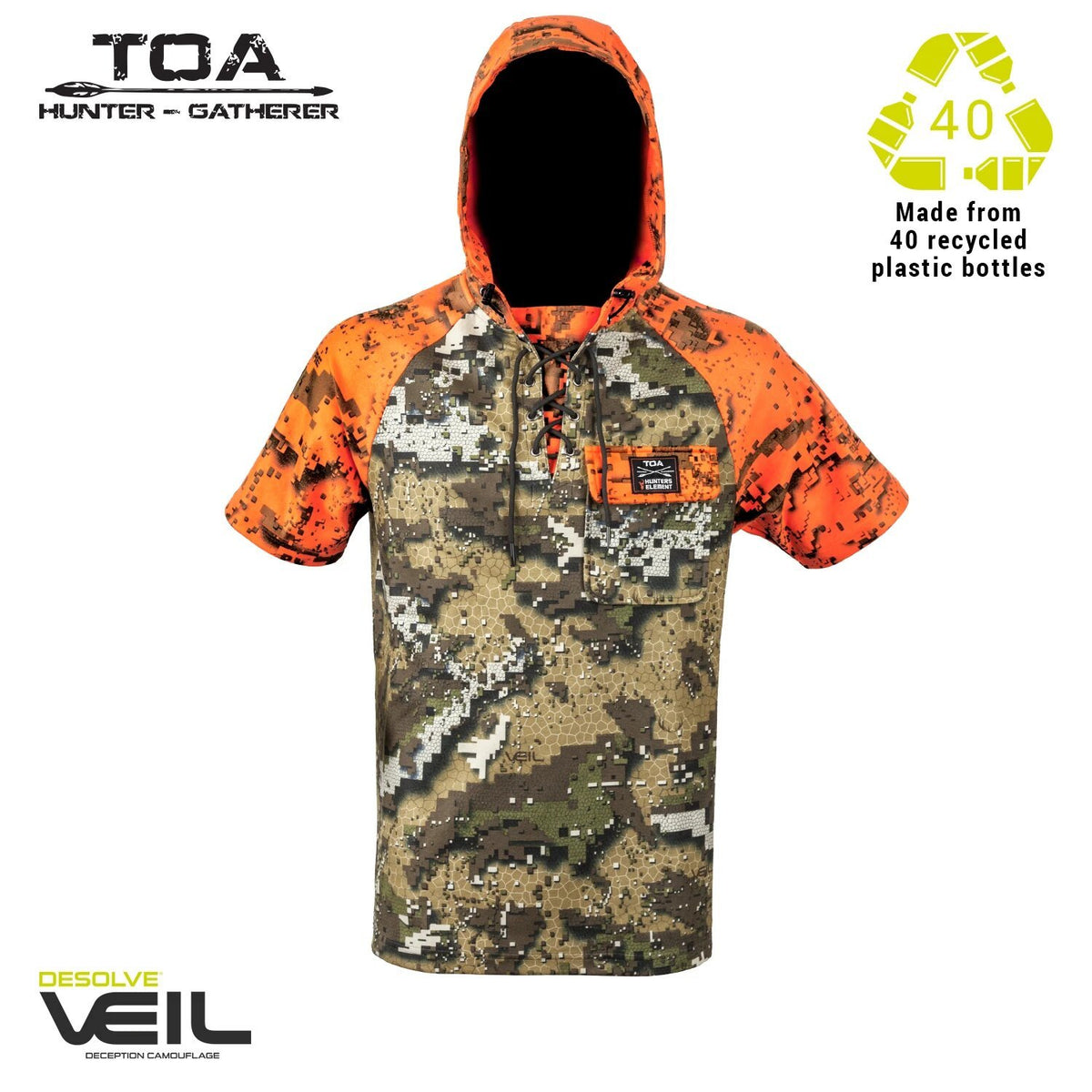 A child's camouflage hoodie with an orange hood and sleeve accents, featuring a chest pocket and made from recycled plastic bottles.